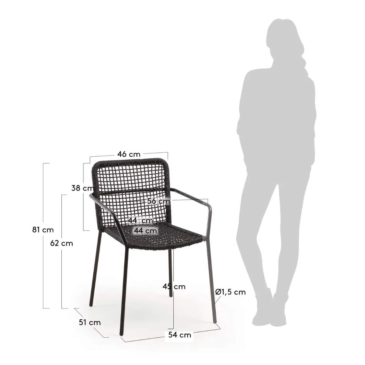 Kave Home Ellen stackable outdoor chair in black cord and galvanised steel - Image 7