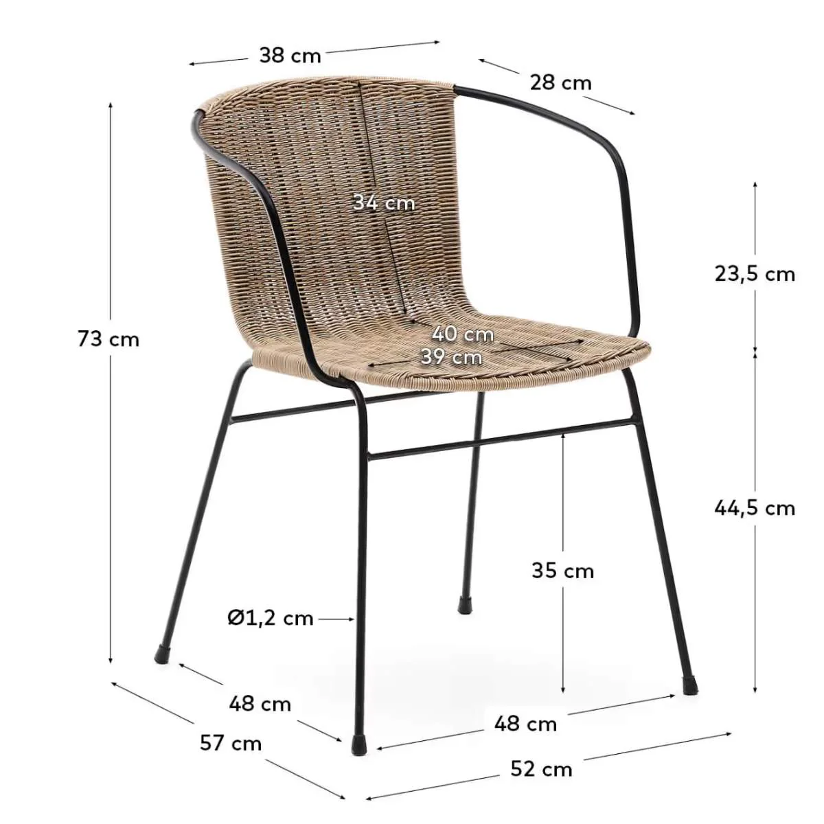 Kave Home Eltiera stackable chair in synthetic rattan with black steel frame and armrests - Image 8