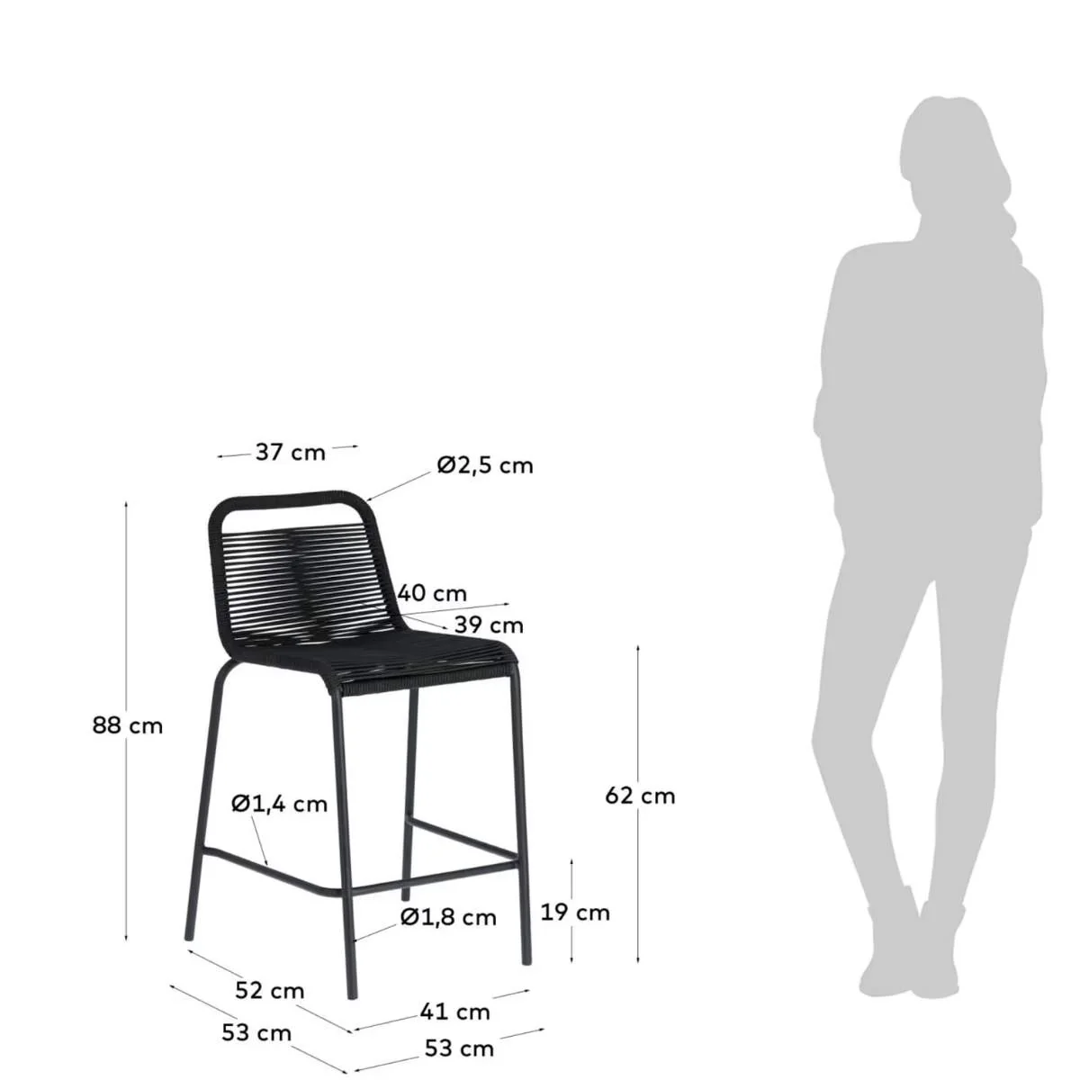Kave Home Lambton stackable stool in brown rope and black finish steel, 62 cm - Image 15