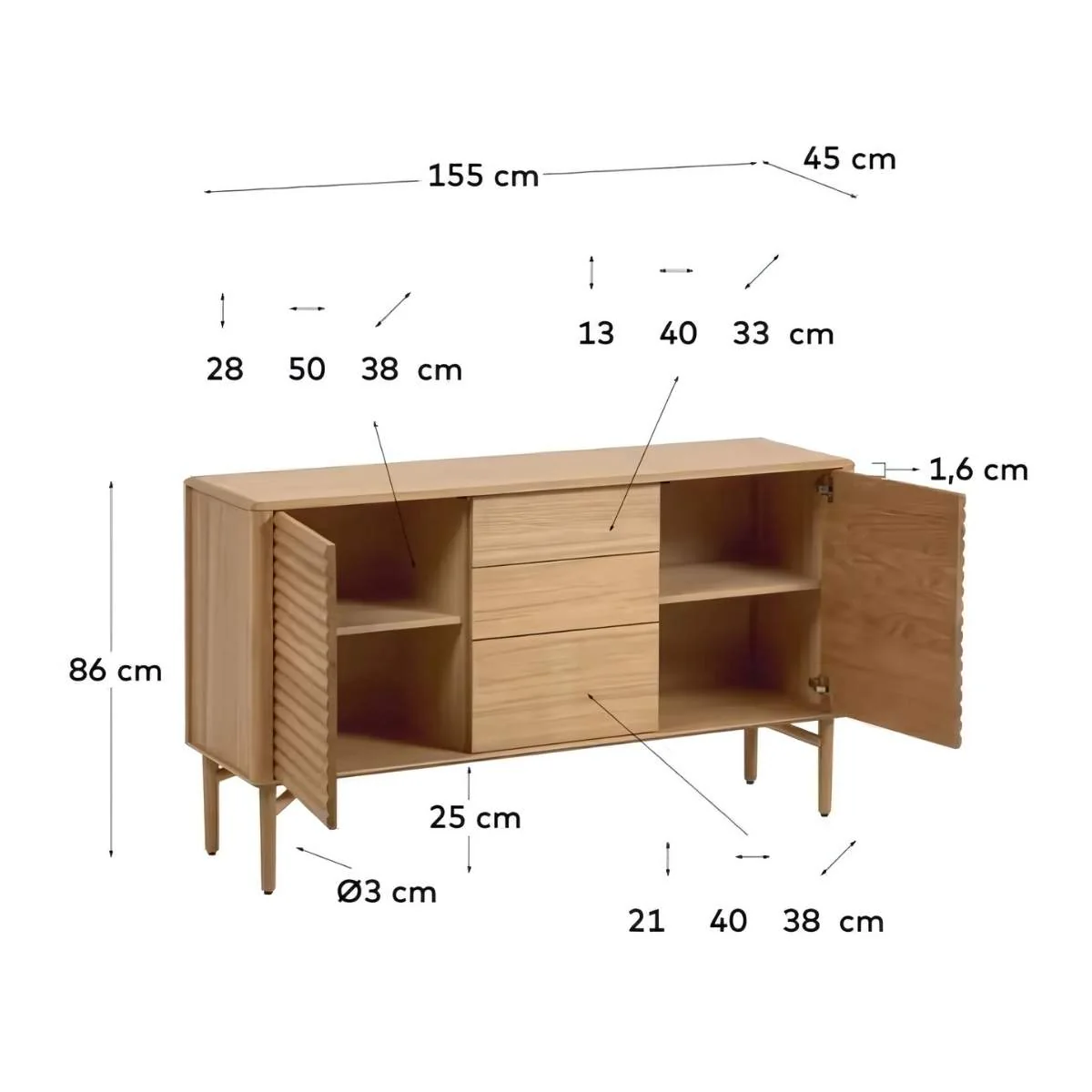 Kave Home Lenon Oak Wood And Veneer Sideboard With 2 Doors & 3 Drawers - Image 10