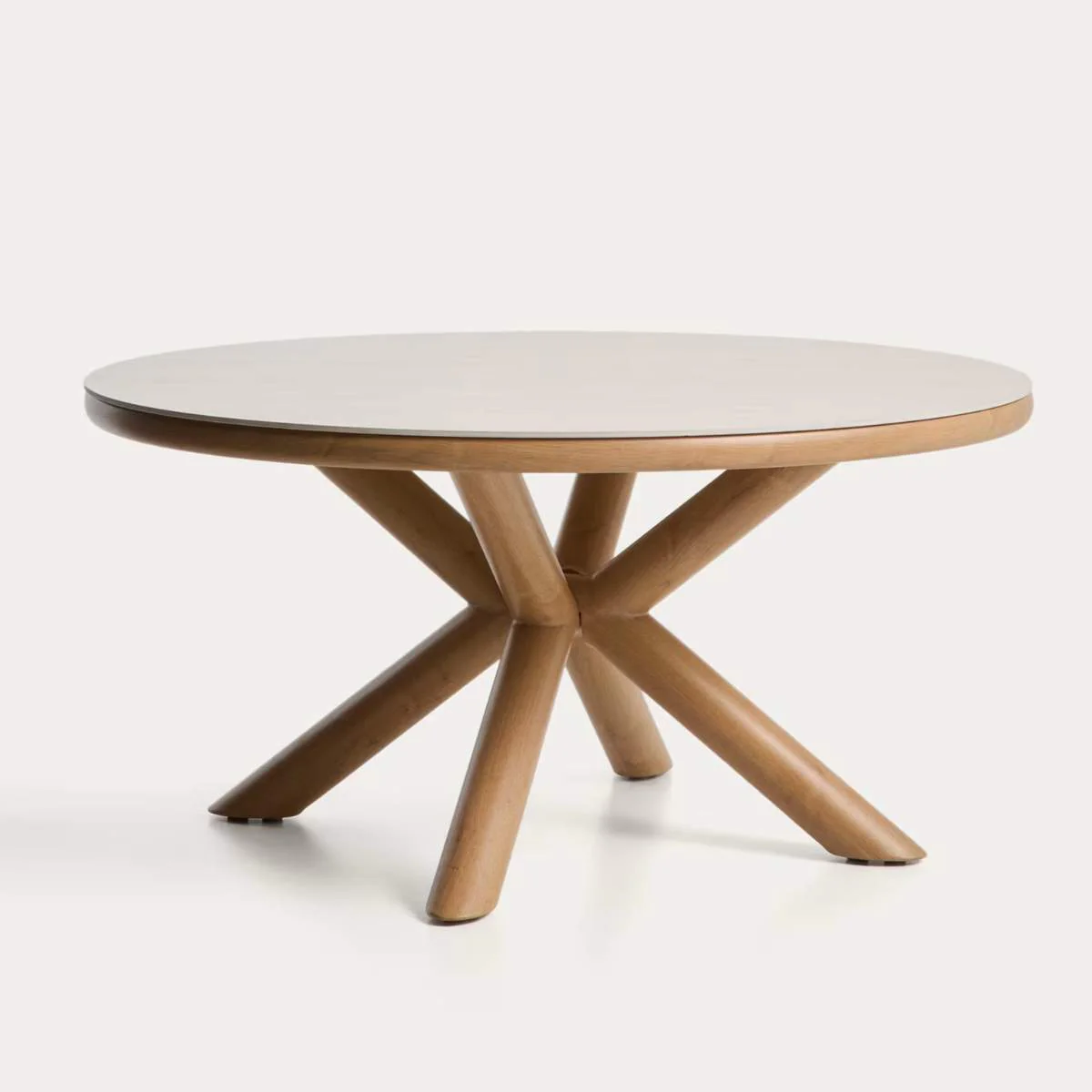 Kave Home Mirtia outdoor table in wood-effect aluminium and ecru sintered stone Ø 148cm