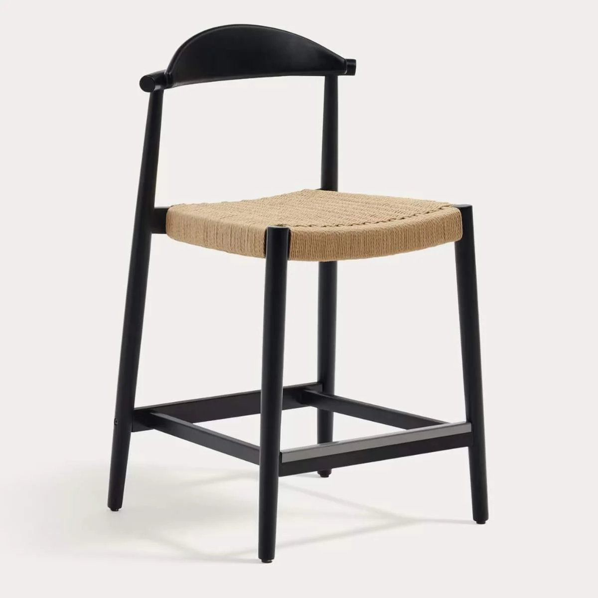 Kave Home Nina stool made of solid acacia wood with black finish and beige rope height 62 cm