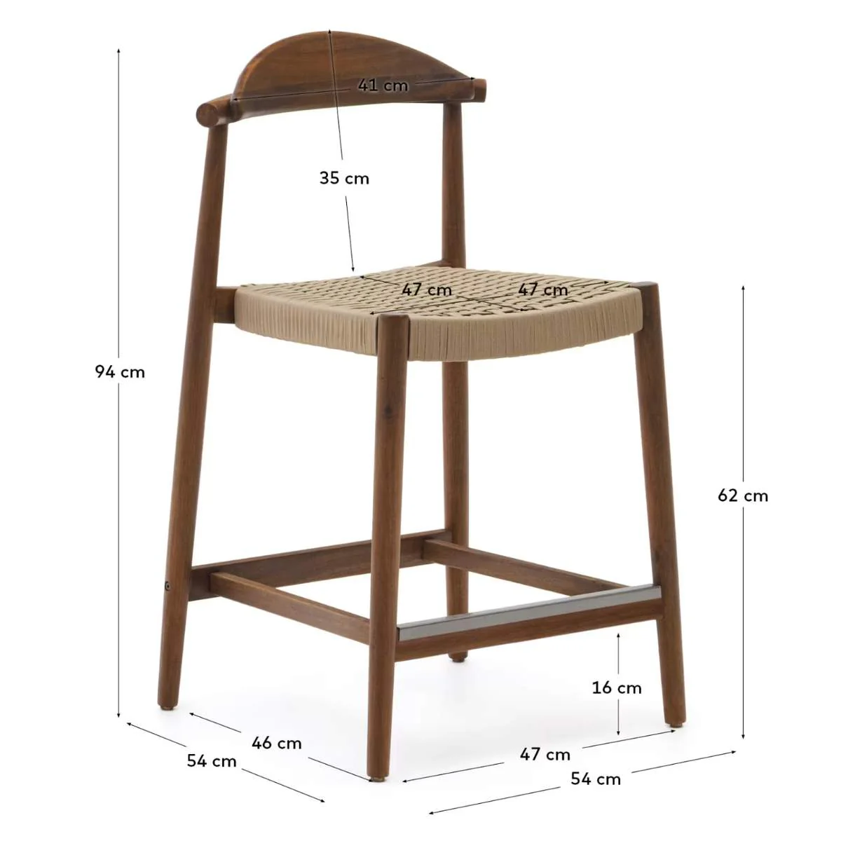 Kave Home Nina stool made of solid acacia wood with black finish and beige rope height 62 cm - Image 19