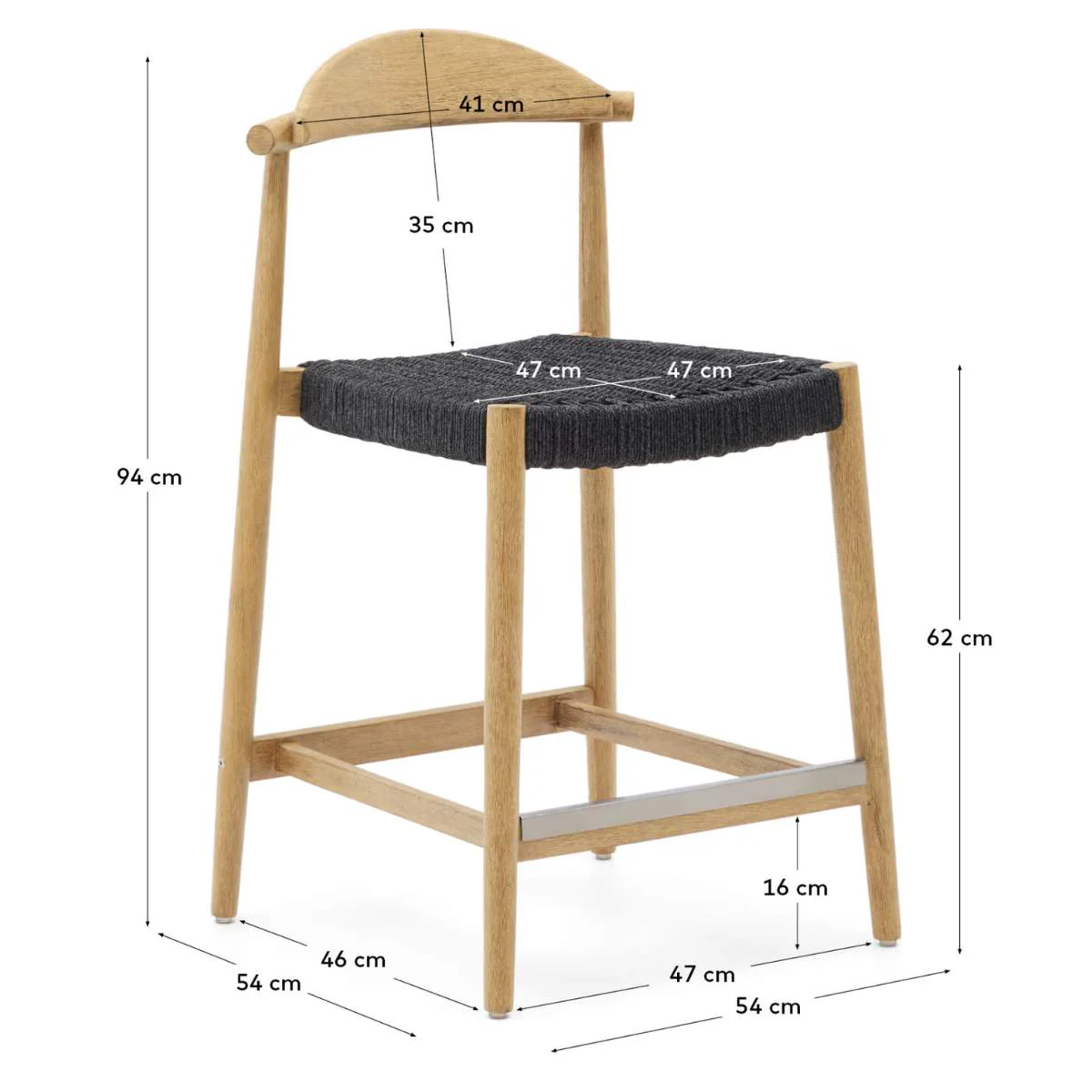 Kave Home Nina stool made of solid acacia wood with black finish and beige rope height 62 cm - Image 24