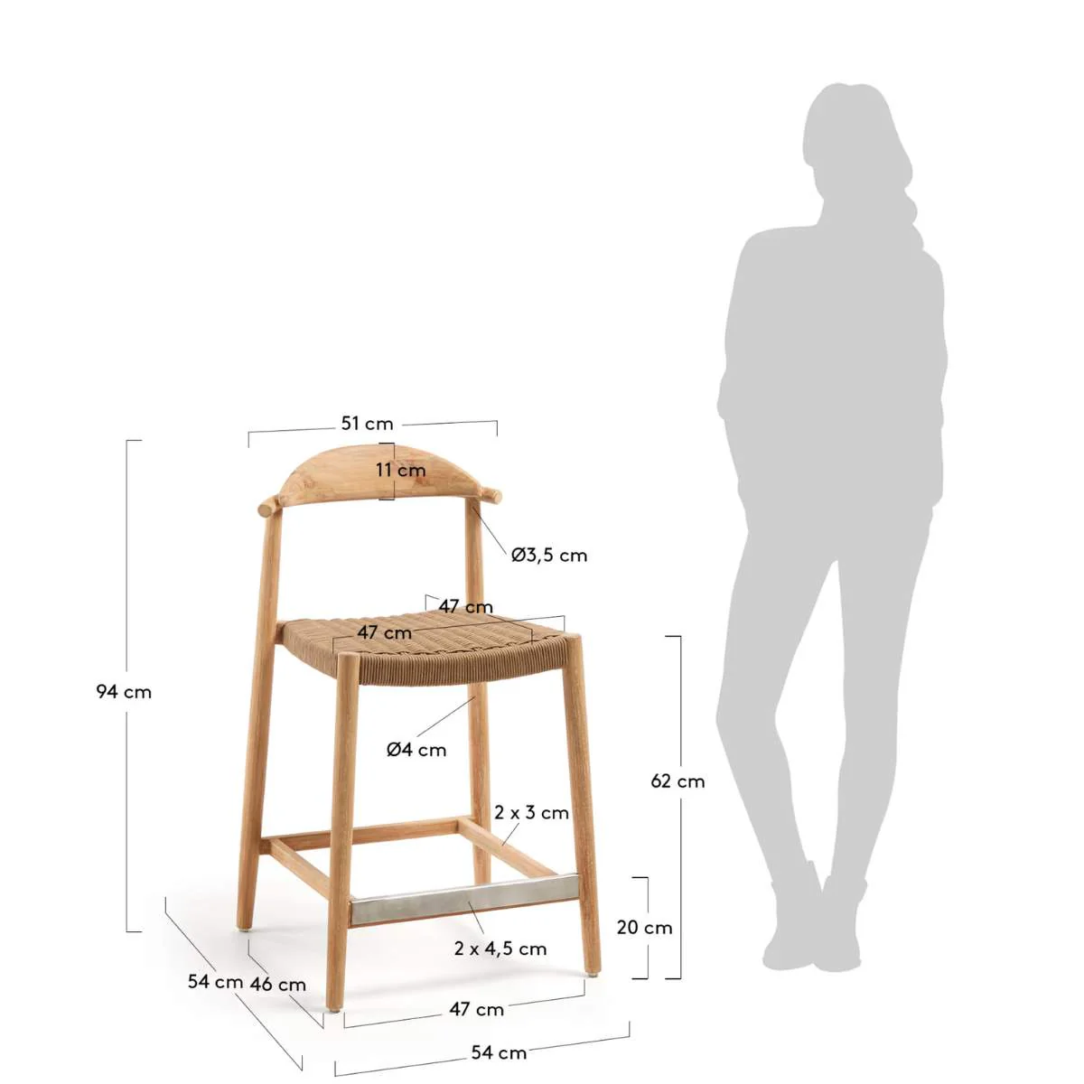 Kave Home Nina stool made of solid acacia wood with black finish and beige rope height 62 cm - Image 31