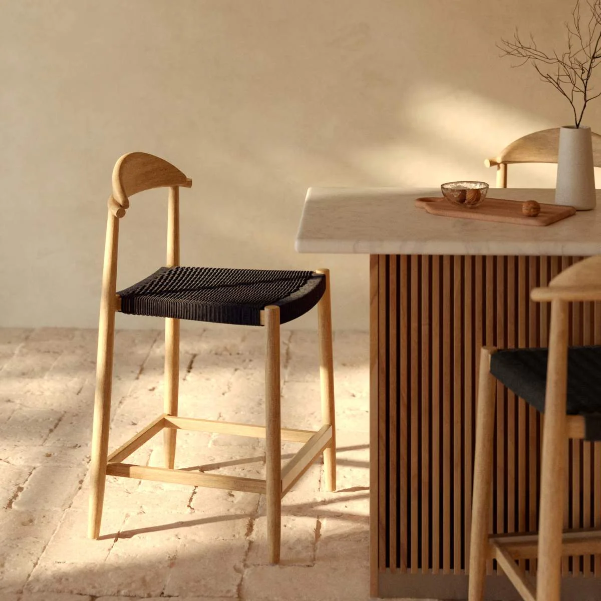 Kave Home Nina stool made of solid acacia wood with black finish and beige rope height 62 cm - Image 35