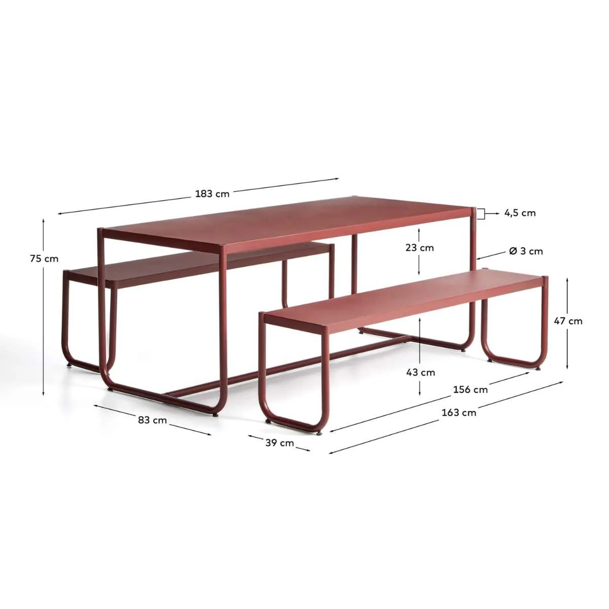 Kave Home Sotil Set of 2 Benches and Galvanized Steel Table with Garnet Finish 183 x 83 cm - Image 8