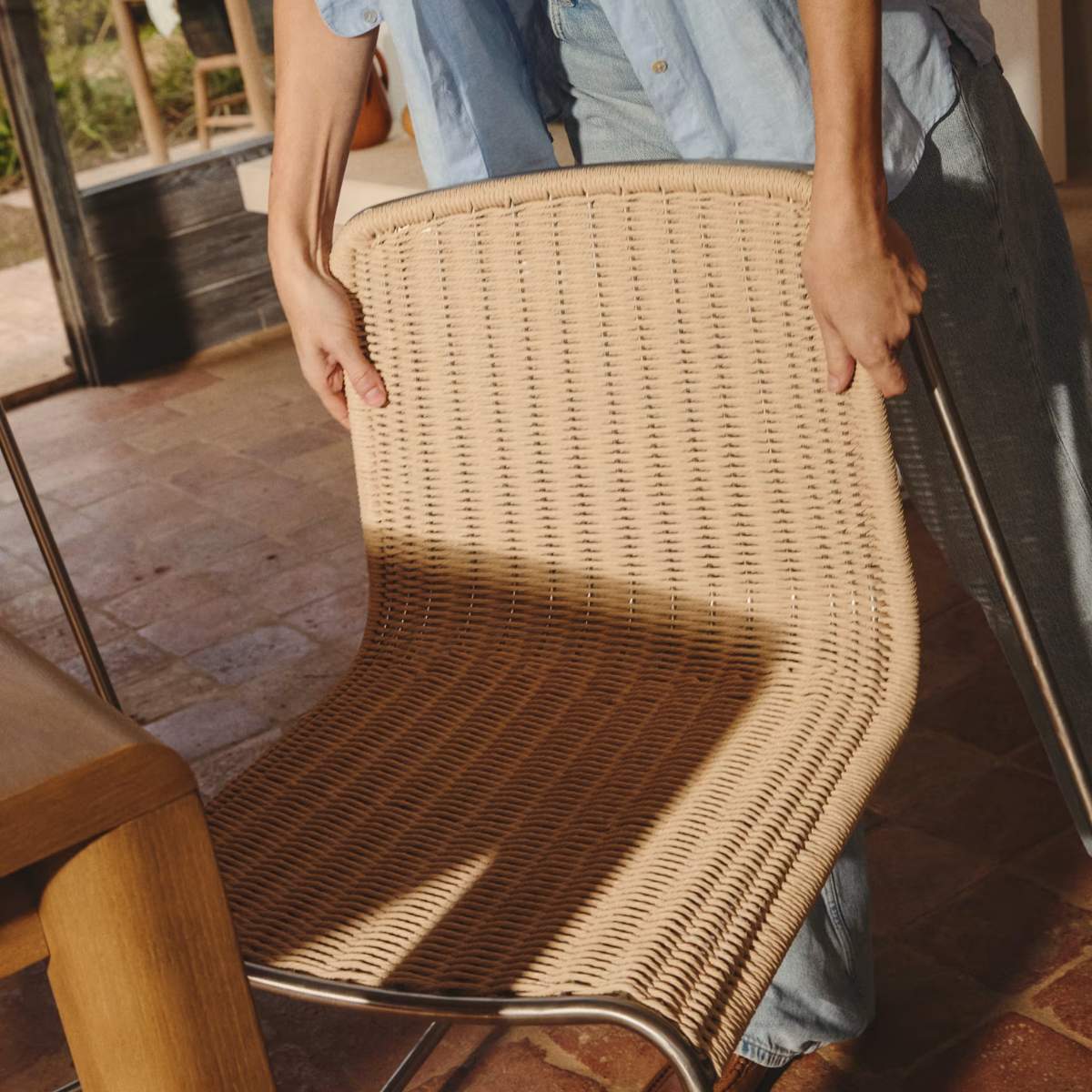 Kave Home Tavari stackable chair in beige synthetic rope cord and AISI 304 stainless steel with brushed finish - Image 10