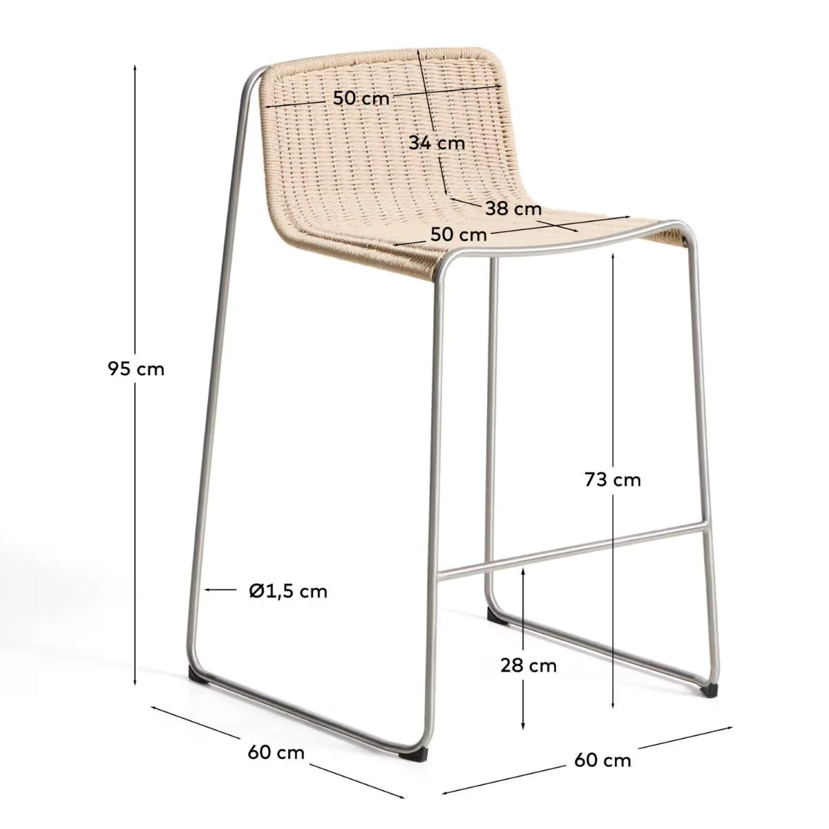Kave Home Tavari stackable stool in beige synthetic rope cord and AISI 304 stainless steel with brushed finish 75 cm - Image 8