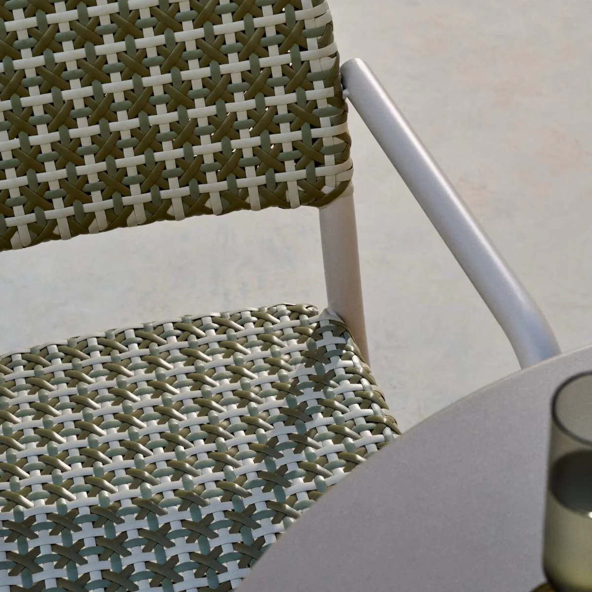 Kave Home Tuccia stackable chair in aluminium and synthetic rattan in green and beige - Image 11