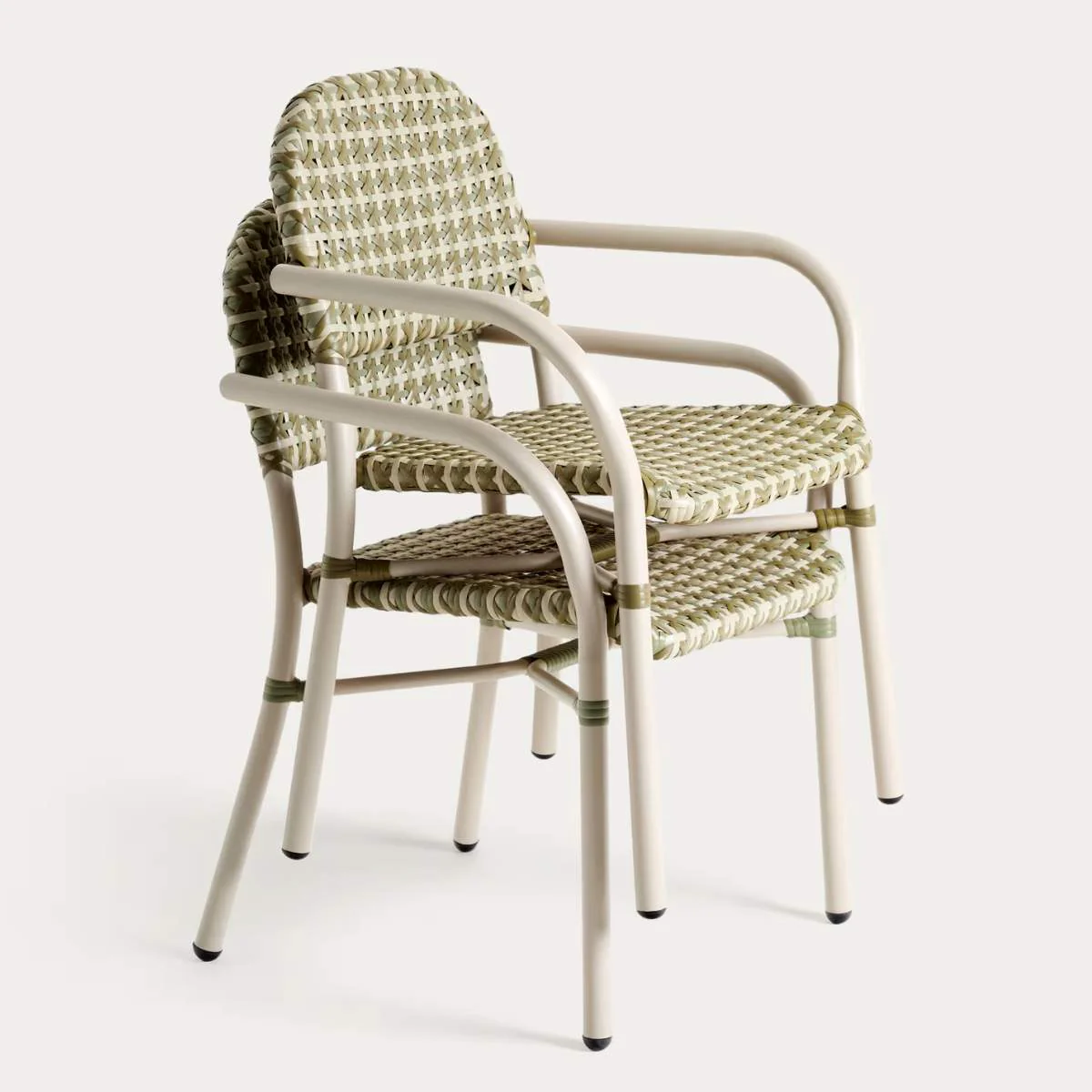 Kave Home Tuccia stackable chair in aluminium and synthetic rattan in green and beige - Image 2
