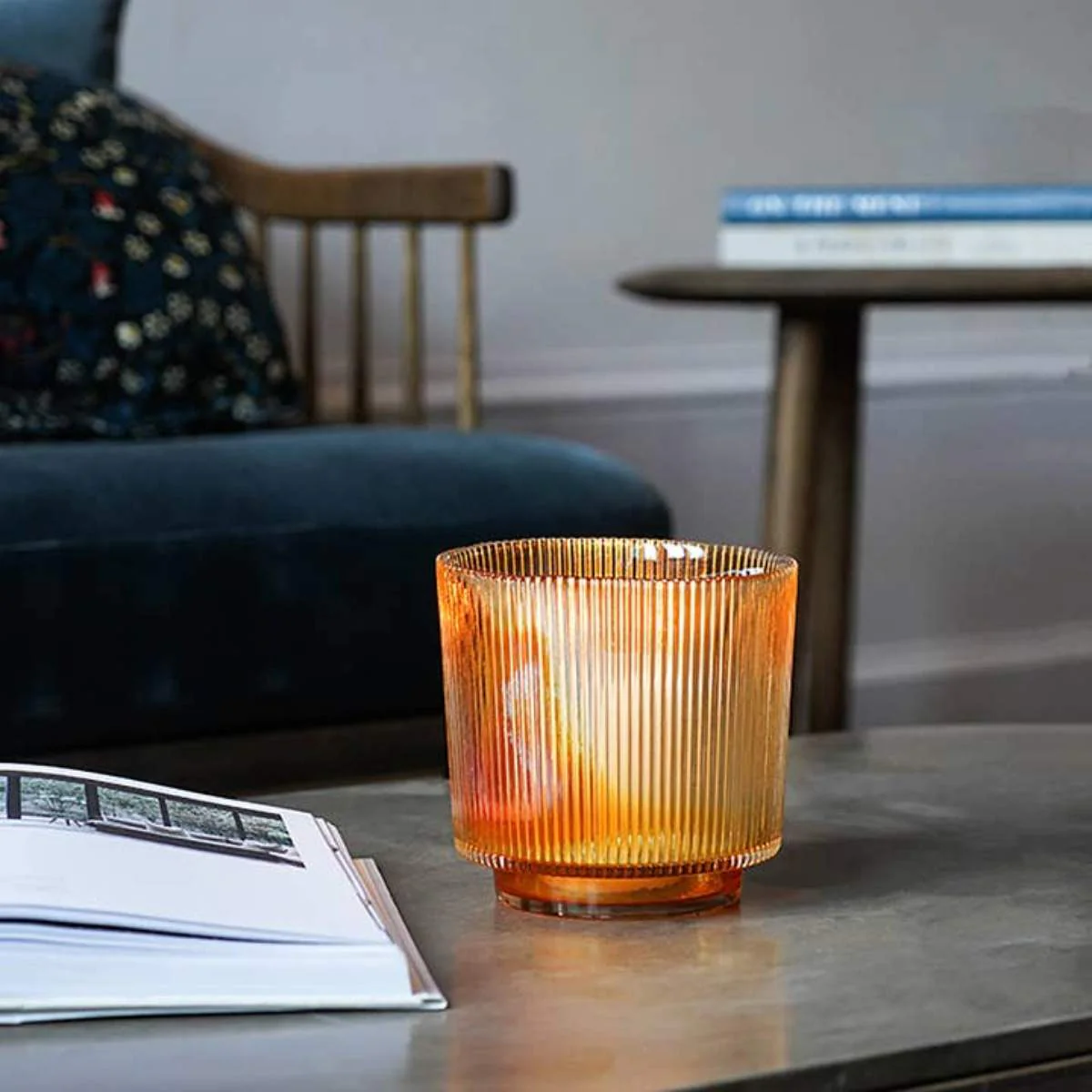 Mad Lilies Amber Ribbed Glass Candle Holder