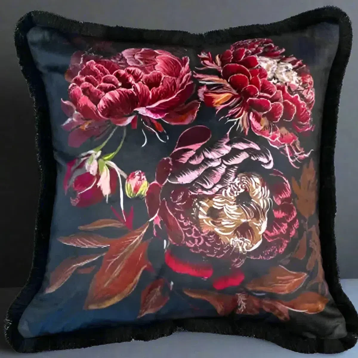 Malini Radha Fringed Velvet Cushion in Red - Image 3