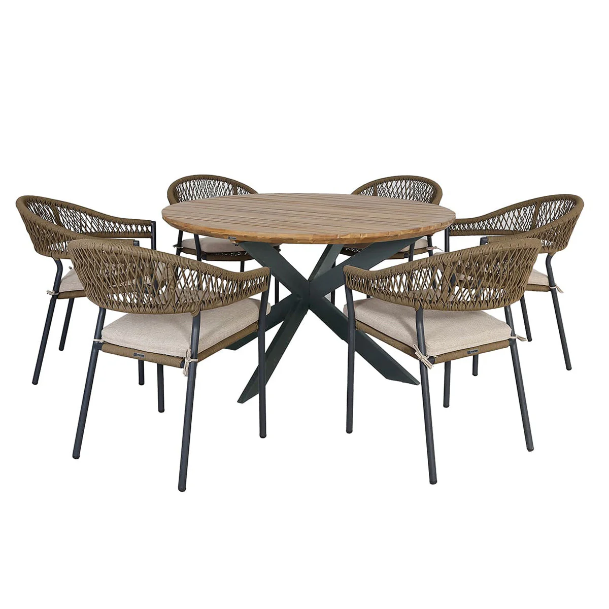 Maze - Bali Rope Weave 6 Seat Round Fixed Dining Set Sandstone