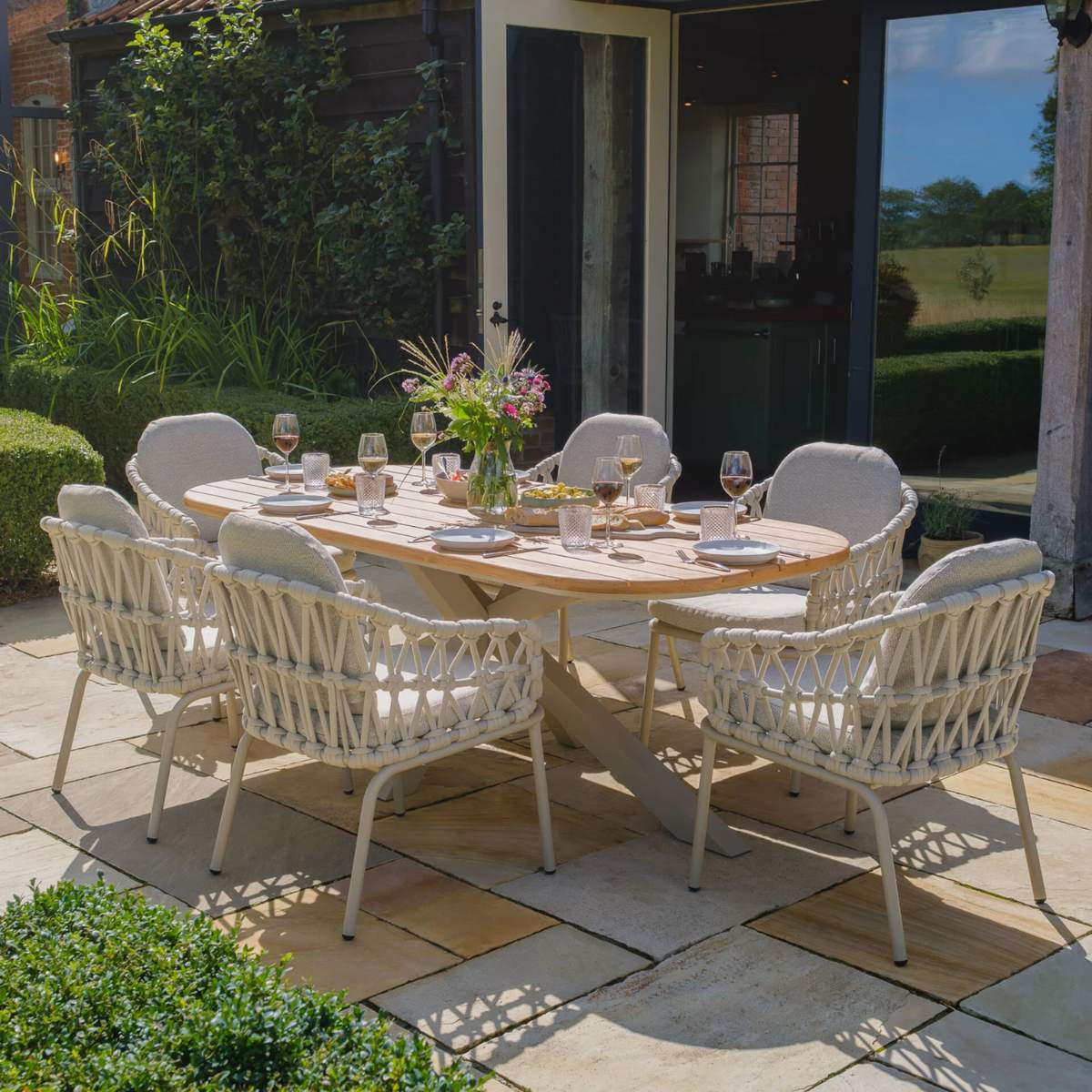 Maze Sicily Open Rope Weave 6 Seat Rectangular Dining Set - Latte - Image 16
