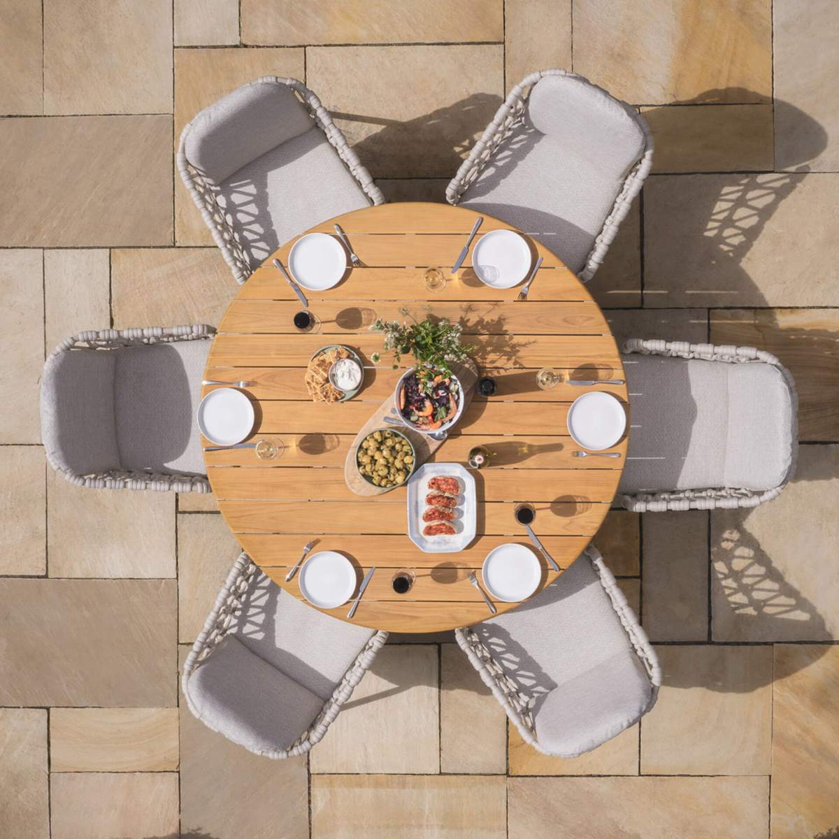 Maze Sicily Open Rope Weave 6 Seat Round Pedestal Dining Set - Latte - Image 14