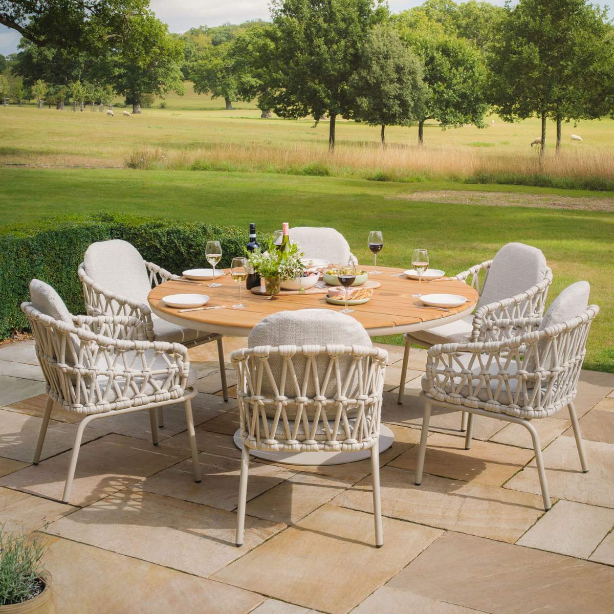 Maze Sicily Open Rope Weave 6 Seat Round Pedestal Dining Set - Latte - Image 15