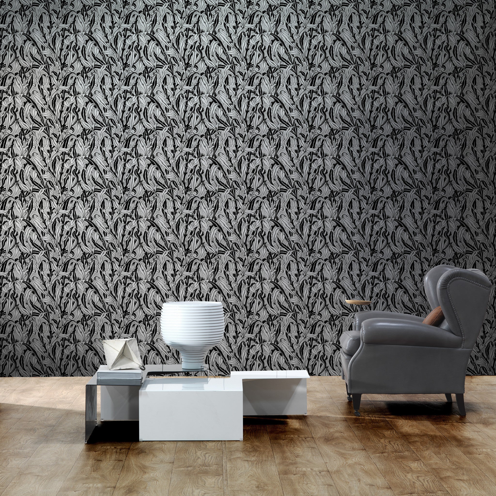 NLXL Monochrome Leaves Black Wallpaper