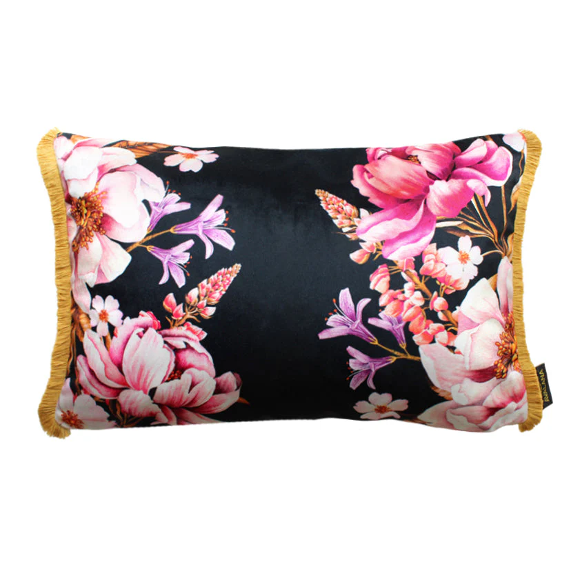Avalana Noir Blooms Fringe Cushion