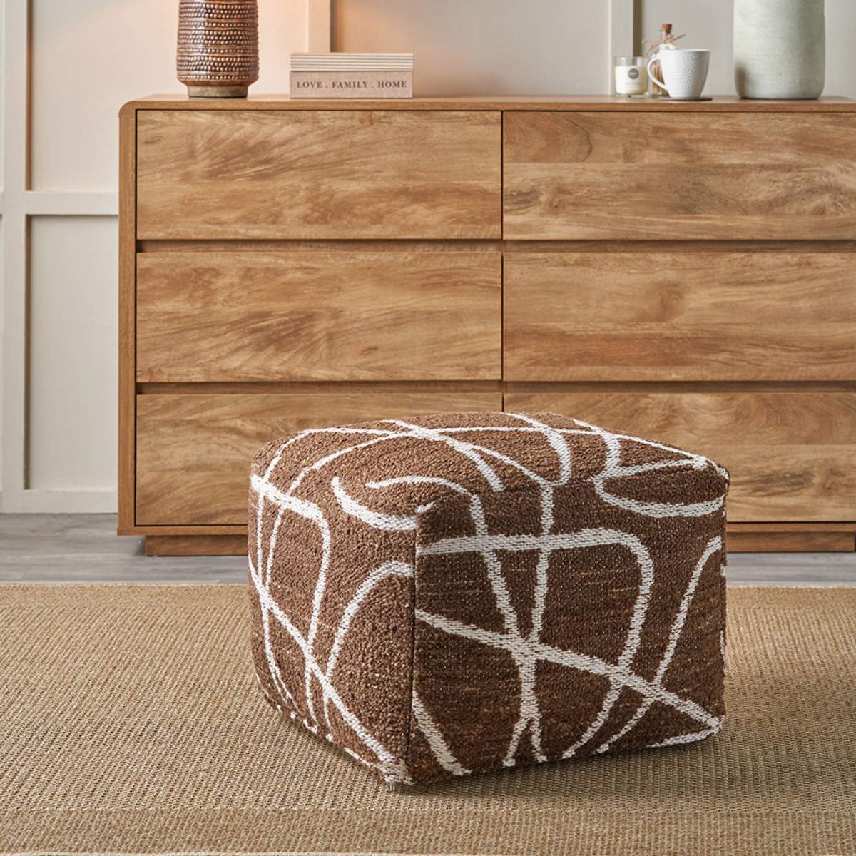 Pacific Lifestyle Indoor Outdoor Chocolate Brown and White Abstract Swirl Design Pouffe - Image 8