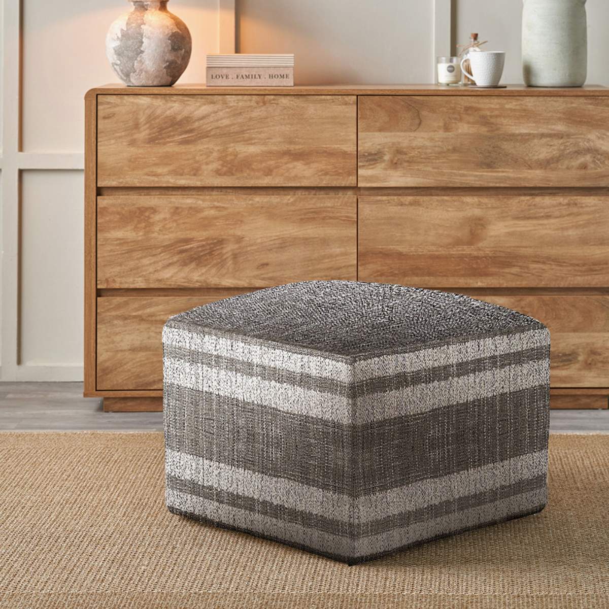 Pacific Lifestyle Indoor Outdoor Steel Grey and White Stripe Design Pouffe - Image 6