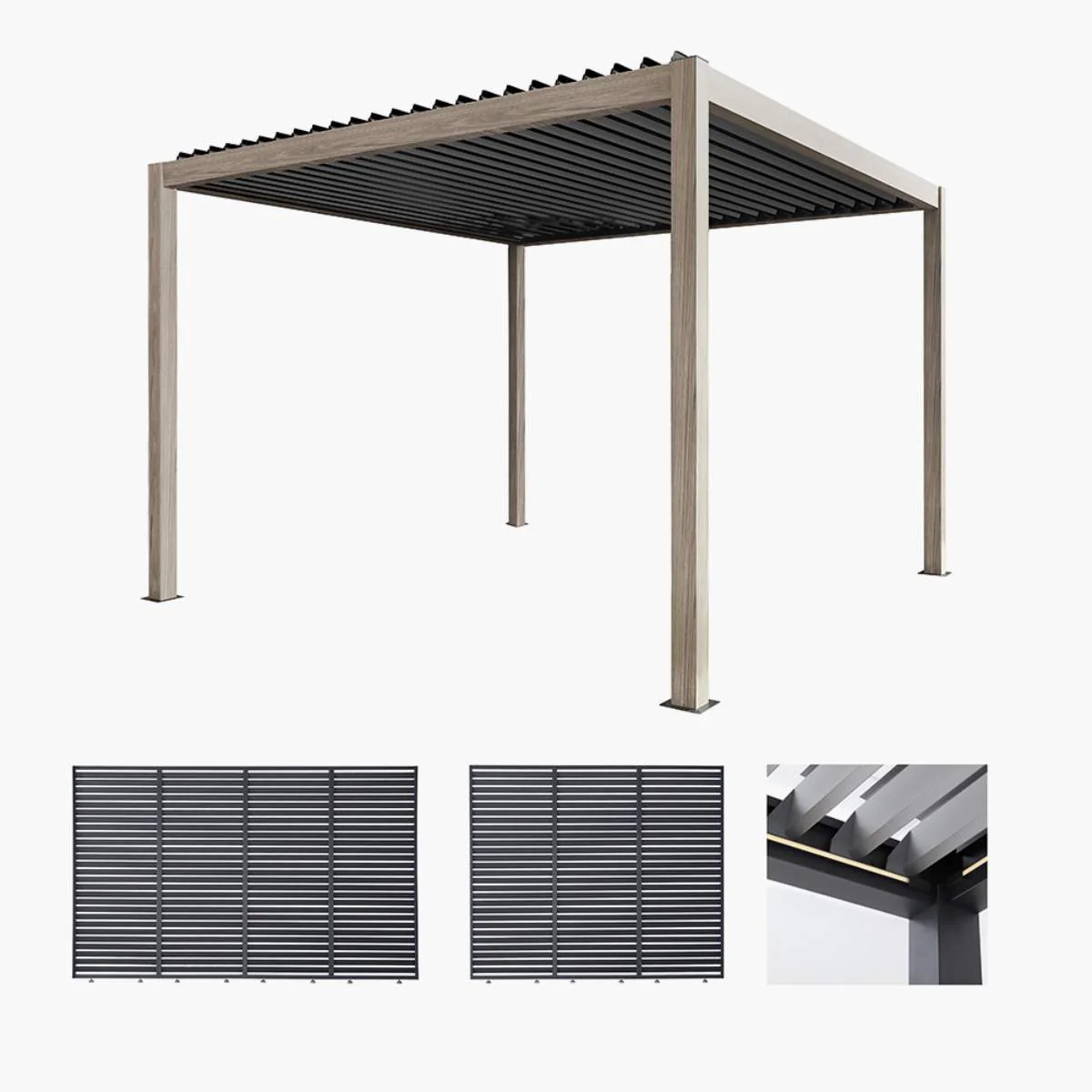 Pacific Lifestyle Pavillo Teak 3.5m x 3.5m Pergola, Pavillo Louvre Front/Back Panel Long, Pavillo Louvre Side Panel Short, Pavillo LED plus Delivery and Installation