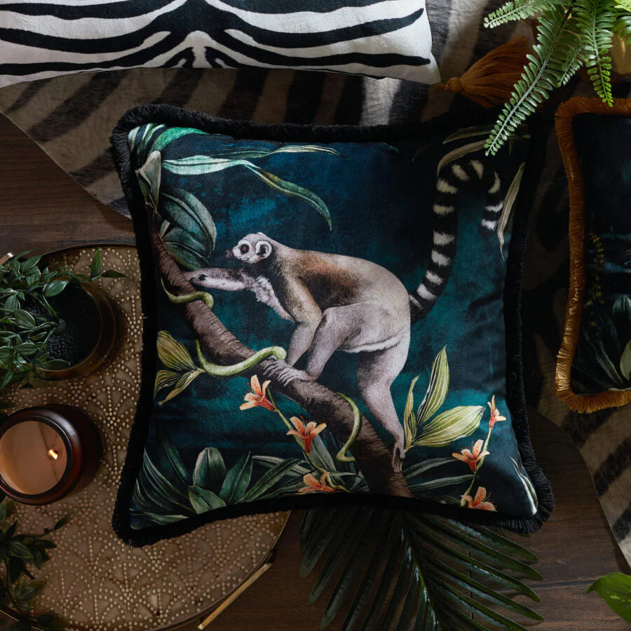 Avalana Ring Tailed Lemur Fringe Velvet Cushion - Image 2