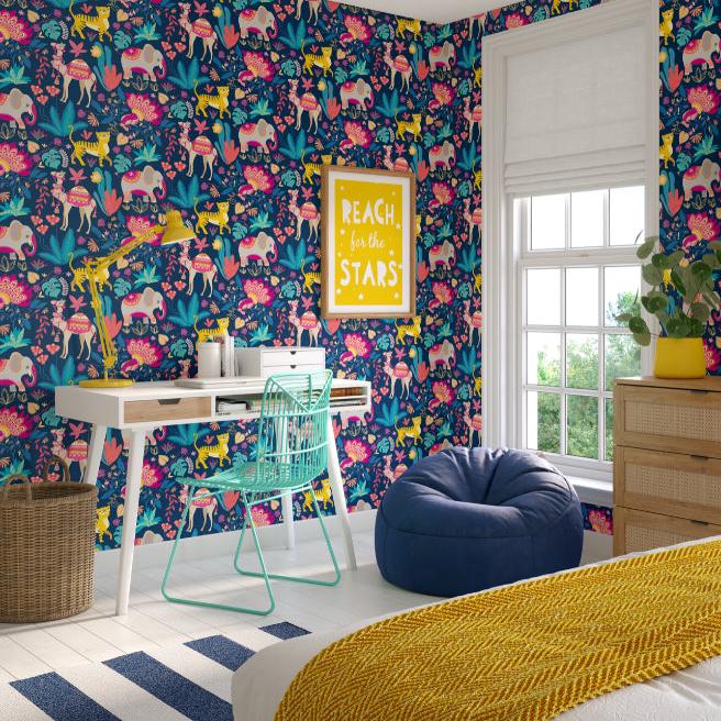 Ohpopsi Samba Safari Wallpaper - Ink & Cerise