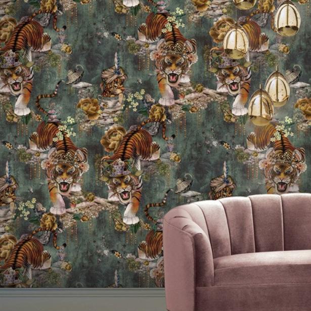 Santorus Tiger's Teatime Wallpaper In Moss